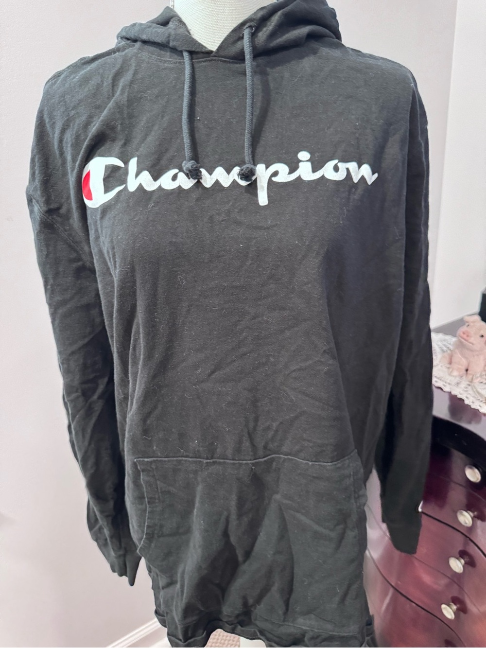 Champion Black Hoodie with White Script and Red Accent